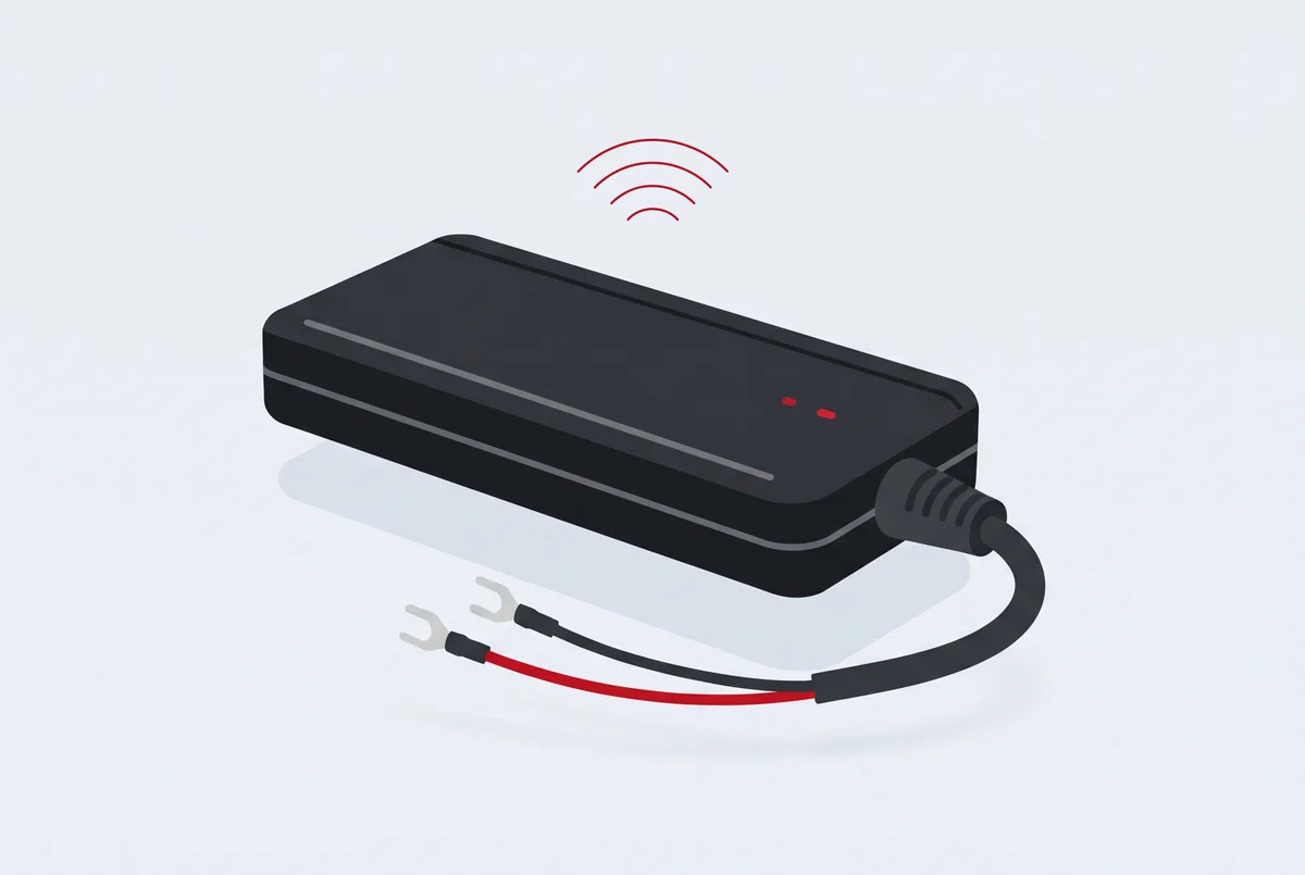 Localizador GPS de Vehistrack para moto, pequeño y con dos cables para conectarlo a la batería